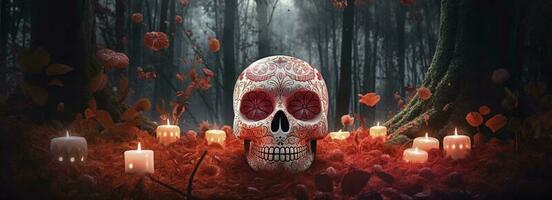 Day of the Dead skulls. Dia de los muertos. Day of the dead and mexican Halloween background. Mexican tradition festival. Day of the dead sugar skull. Dia de los Muertos, generate ai photo