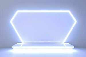 Realistic podium display with neon white lights, Product display background with light frame, White prodium product display with light effect, neon lights background, generate ai photo