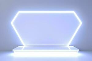 Realistic podium display with neon white lights, Product display background with light frame, White prodium product display with light effect, neon lights background, generate ai photo