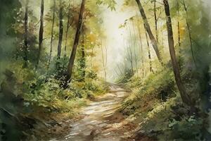 Sunny summer forest.Picture created with watercolors , generate ai photo