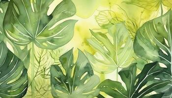 Tropical foliage watercolor background vector. Summer botanical design with gold line art, monstera leaf, green watercolor texture. Luxury tropical illustration for banner , generate ai photo