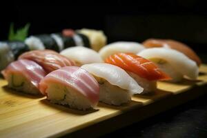 Delicious sushi with beautiful background, generate ai photo