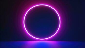 3d render, blue pink neon round frame, circle, ring shape, empty space, ultraviolet light, 80s retro style, fashion show stage, abstract background, generate ai photo