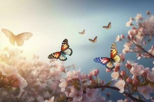 Spring banner, branches of blossoming cherry against the background of blue sky, and butterflies on nature outdoors. Pink sakura flowers, dreamy romantic image spring, landscape panorama, generate ai photo