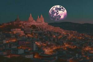 a city skyline with a full moon and city lights, in the style of web Anderson, Sultan Mohammed, Alex Prager, Quito school, cinematic stills, frost punk, glittery and shiny, generate ai photo