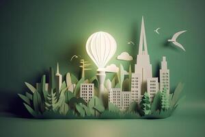 Paper cut of light bulb with green eco city , Renewable energy by 2050 Carbon neutral energy or greenhouse gas emission CO2 , Save energy creative idea concept , photo