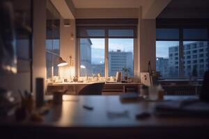 borroso oficina espacio de trabajo en el noche interior. ai generado foto