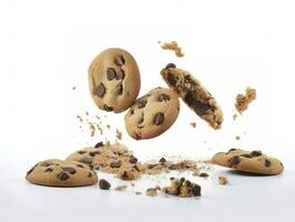 Tasty chocolate chip cookies falling isolated on white background, generate ai photo