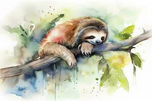 A sloth sleeping on a tree branch watercolor painting, beautiful natural forms, crisp clean shapes, colorful, white background, generate ai photo