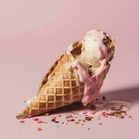 An overturned waffle cone with melted ice cream on a pink background, generate ai photo