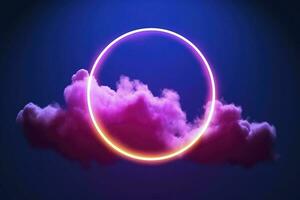 3d render, abstract cloud illuminated with neon light ring on dark night sky. Glowing geometric shape, round frame, generate ai photo