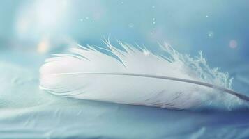 a bright blue background with one white feather, in the style of soft and dreamy pastels, glimmering light effects, nature inspired imagery, fairycore, soft focal points, generate ai photo