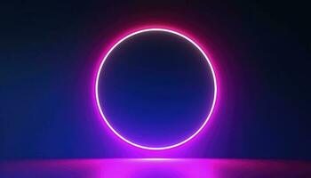 3d render, blue pink neon round frame, circle, ring shape, empty space, ultraviolet light, 80s retro style, fashion show stage, abstract background, generate ai photo