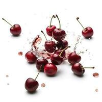 Whole and sliced fresh cherries in the air, isolated on a white background, generate ai photo