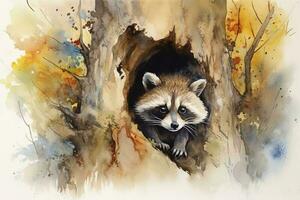 Paint a curious raccoon peeking out of a tree hollow watercolor painting, beautiful natural forms, crisp clean shapes, colorful, white background, generate ai photo