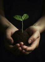 un niño participación un planta en su manos con un verde antecedentes y luz de sol brillante mediante el hojas en el planta, generar ai foto