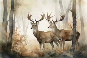 A family of deer in a forest clearing watercolor, generate ai photo