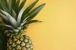 Beautiful pineapple on tropical palm monstera leaves isolated on bright pastel yellow background, top view, flat lay, overhead above summer fruit. , generate ai photo