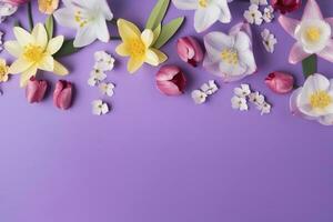 multicolored spring flowers on purple background , generate ai photo