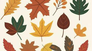 Autumn leaves set. Autumnal yellow leaf, forest nature orange leafage and september red leaves. Chestnut, dog rose and viburnum or foliage leaf. Flat isolated icons, generate ai photo