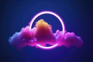 3d render, abstract cloud illuminated with neon light ring on dark night sky. Glowing geometric shape, round frame, generate ai photo