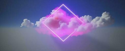 3d render, abstract minimal background with pink blue yellow neon light square frame with copy space, illuminated stormy clouds, glowing geometric shape, generate ai photo