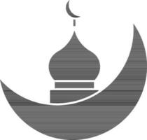 Black And White Crescent Moon With Mosque Icon. vector