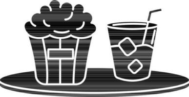 Popcorn With Cold Drink On Plate Icon In black and white Color. vector