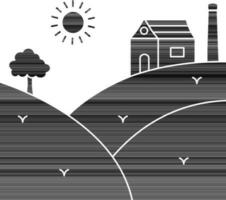 Sun Landscape With House Icon In black and white Color. vector