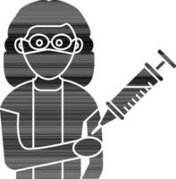 Illustration Of Female Avatar Vaccination Icon In black and white Color. vector