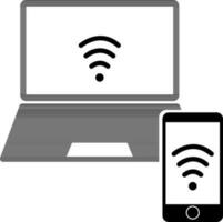 Wireless connectivity sign. Glyph icon of laptop with smartphone. vector