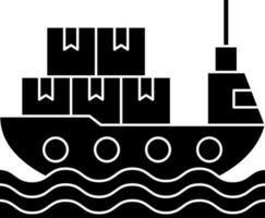 Ship boat with cargo box. Glyph icon or symbol. vector