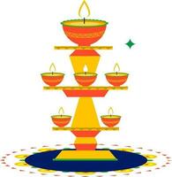 Lit Oil Lamp Diya Stand Element On Rangoli In Flat Style.. vector