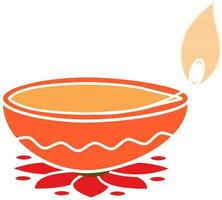 Burning Oil LampDiya On Rangoli Elelment In Orange And White Color. vector