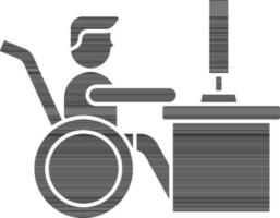 Disability Man On Workplace Icon In black and white Color. vector