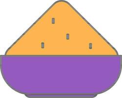 Bowl Full Of Powder Gulal Icon In Violet And Yellow Color. vector