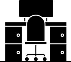 Desktop On Desk With Chair Icon In black and white Color. vector