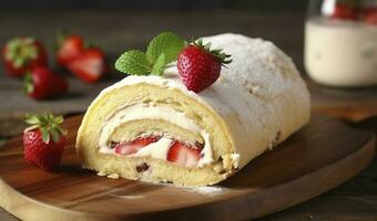 Delicious cake roll with strawberries and cream on wooden board, closeup, generate ai photo