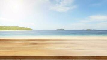 Empty wooden table on a beautiful blured tropical beach background. Summer holiday background for product display, generate ai photo