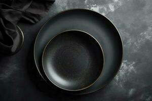 Black craft plate on dark stone table. Top view, copy space, Table setting. background for menu, layout, place for text , recipe background, food flat lay background, generate ai photo