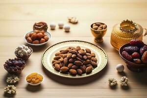 Eid al-Fitr holiday concept with sweet dried dates, fruits and decorations on bright background. Top view from above, generate ai photo