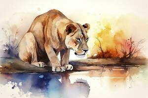 A lion drinking from a river at sunset watercolor painting, beautiful natural forms, crisp clean shapes, colorful, white background , generate ai photo