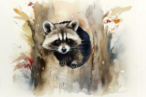 Paint a curious raccoon peeking out of a tree hollow watercolor painting, beautiful natural forms, crisp clean shapes, colorful, white background, generate ai photo