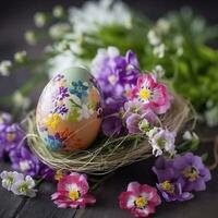 Pink Flower Arrangement, Easter Decoration, Frohe Ostern Means Happy Easter , generate ai photo