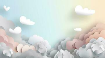 Horizontal banner with paper cut clouds, rabbit, eggs, and hearts, blue sky background, paper cut craft art. A place for text. Happy Easter Day sale concept, template with square frame, generate ai photo