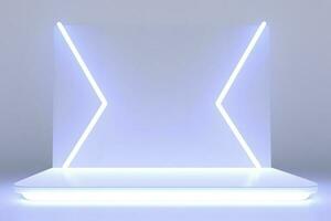 Realistic podium display with neon white lights, Product display background with light frame, White prodium product display with light effect, neon lights background, generate ai photo