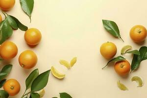 Whole orange yellow tangerines with green leaves on pastel beige background, copyspace. Citrus fruits mandarines as minimal food frame background, empty space, above view, generate ai photo