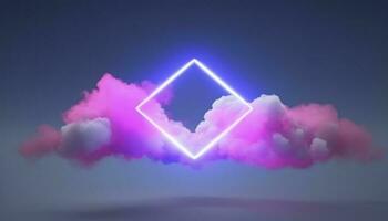 3d render, abstract minimal background with pink blue yellow neon light square frame with copy space, illuminated stormy clouds, glowing geometric shape, generate ai photo