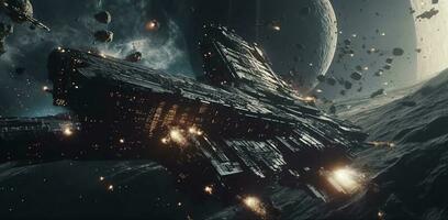 Cinematic Still, intense space battle between two massive battleships, starry sky, nebulae, galaxies, HDR futuristic space battleship destroyers traveling through an asteroid field, generate ai photo