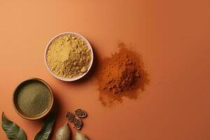 Flat lay composition with henna and turmeric powder on coral background, space for text. Natural hair coloring, generate ai photo